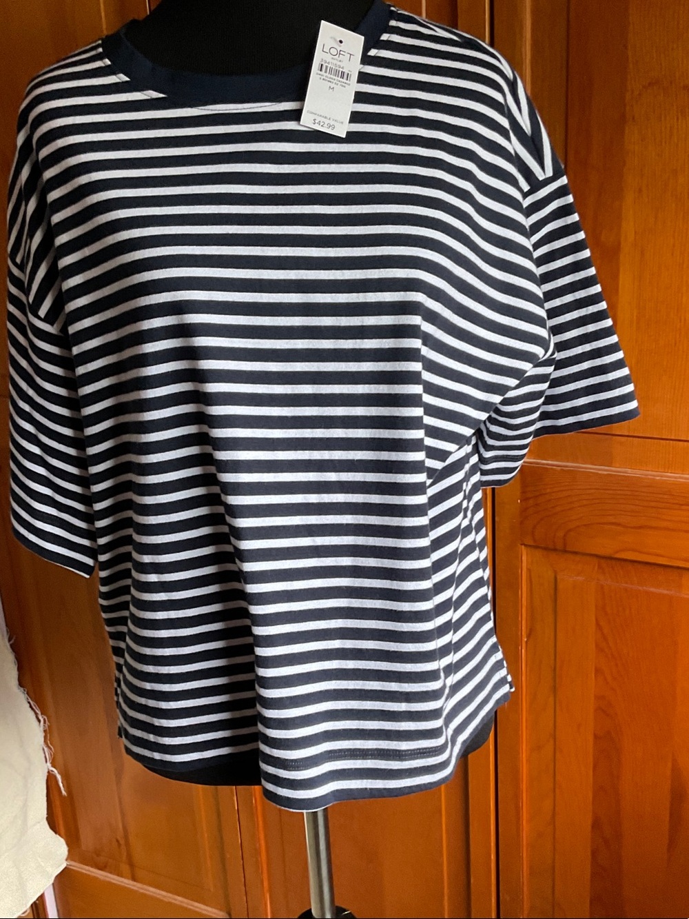 LOFT Navy and White Striped Short Sleeve Top